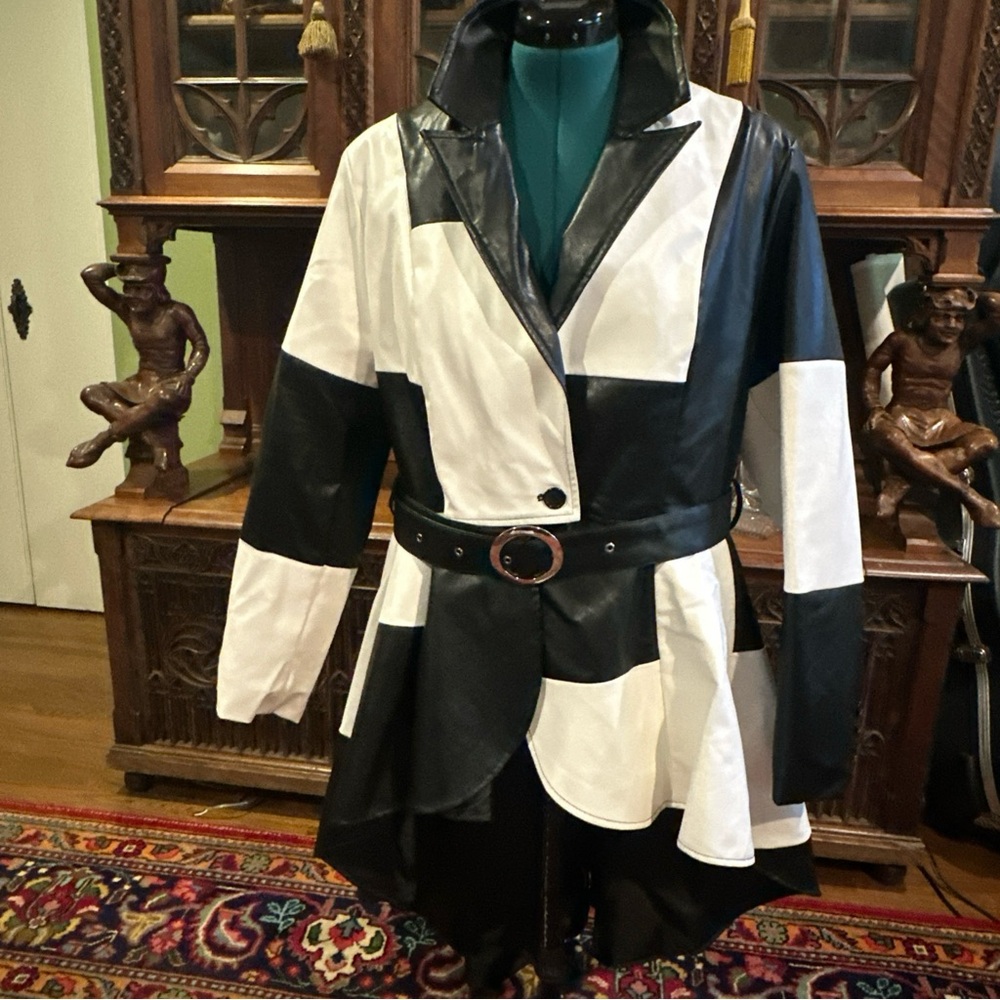 Black and White Hi Low Peplum Trench Coat